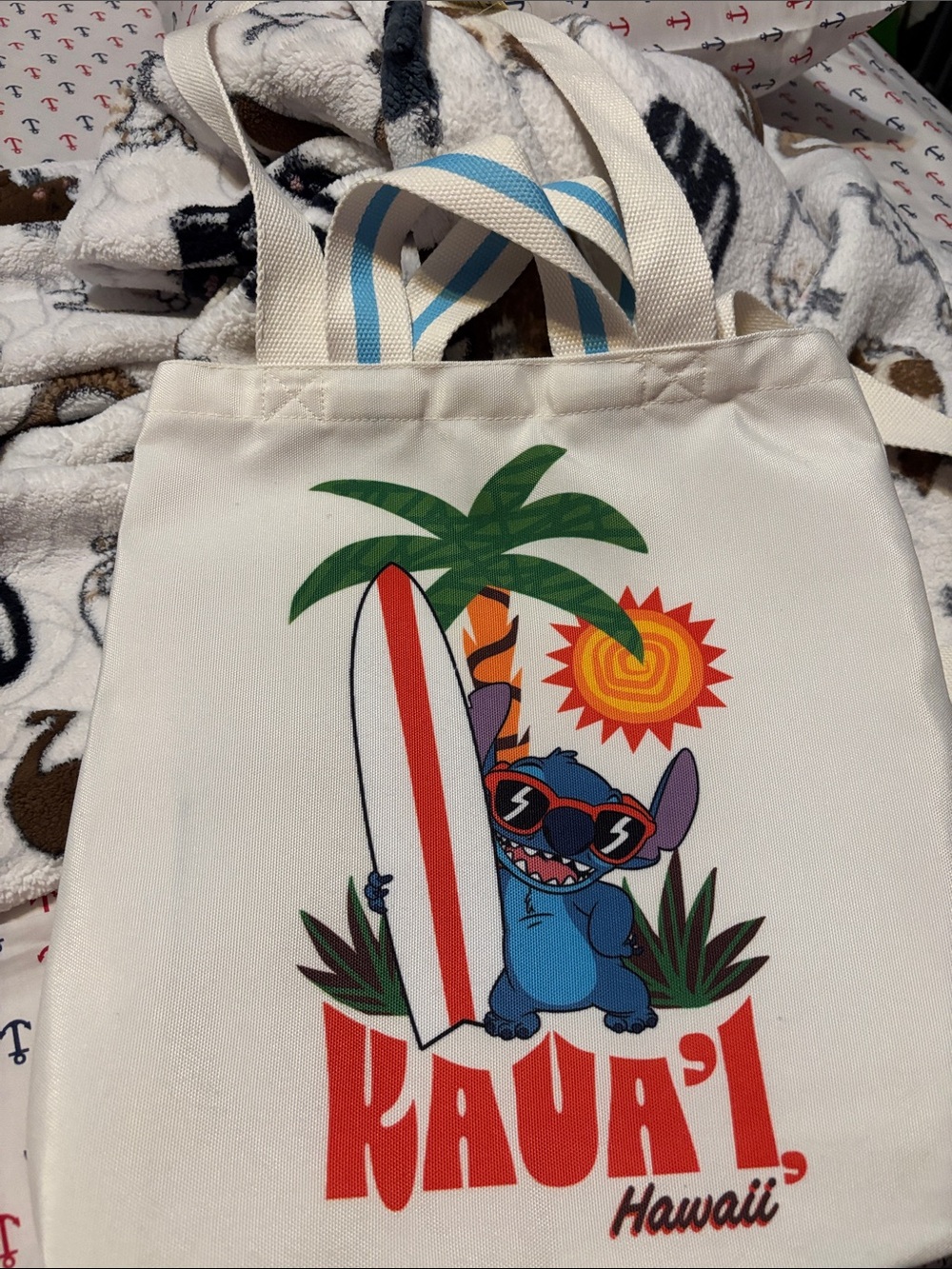 Disney White Canvas Kids Tote with Blue Stitch Surf Design